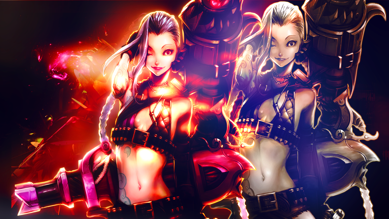A dynamic portrayal of Jinx from League of Legends, featuring her duality with vibrant colors and intense weaponry, embodying the spirit of girls and guns in video gaming.