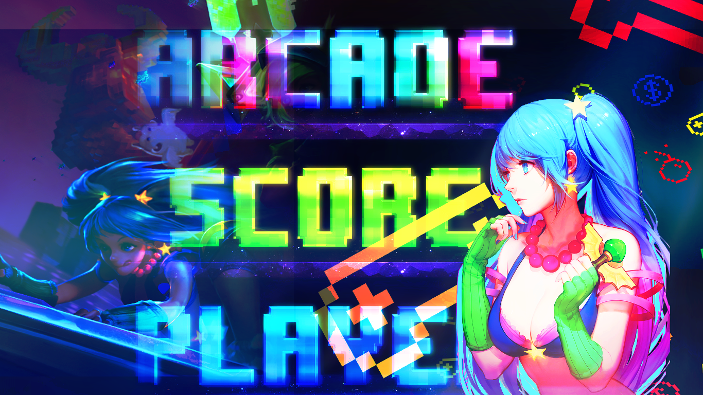 A vibrant illustration featuring Sona from League of Legends, surrounded by retro arcade game graphics with the words Arcade Score Play.