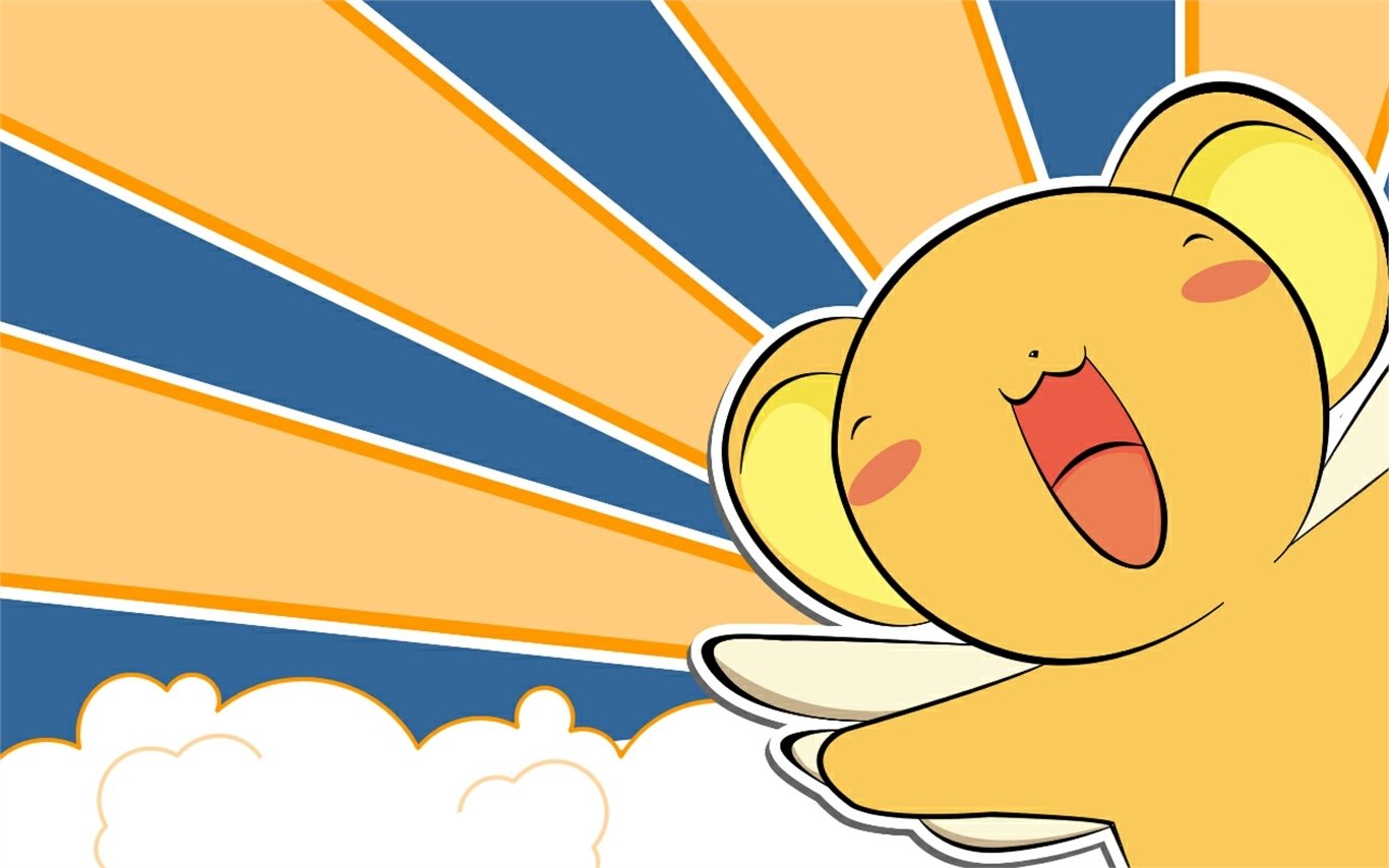 A joyful yellow winged creature from the anime Cardcaptor Sakura is flying against a bright, radiating orange and blue sky.
