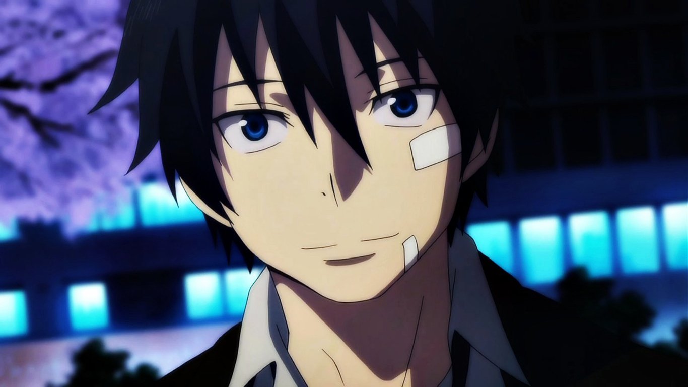 Rin Okumura from the anime Blue Exorcist is shown with a faint smile, bandages on his face, and a nighttime cityscape with glowing lights and cherry blossoms behind him.