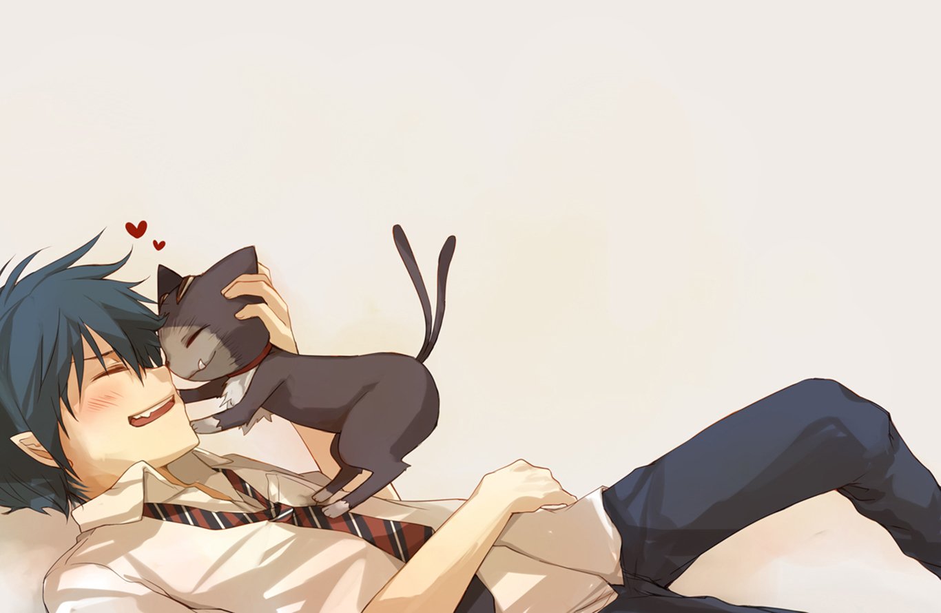 Rin <b>Okumura</b> from Ao No Exorcist relaxes on the floor, smiling as Kuro playf...