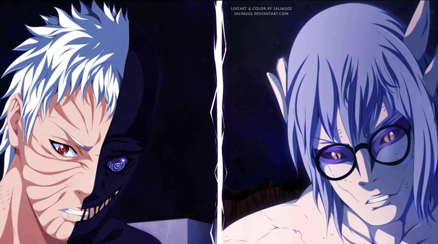 A dynamic illustration features Kabuto Yakushi and Obito Uchiha, two iconic characters from the anime Naruto, showcasing their intense expressions and distinctive appearances.