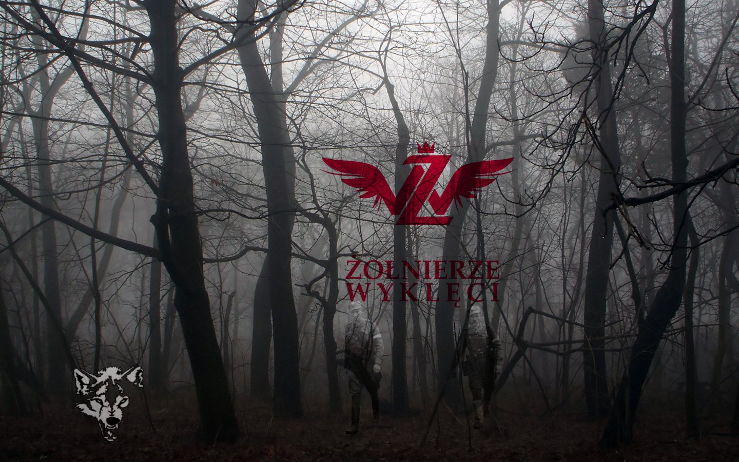 A foggy forest scene with artistic, patriotic symbolism of Poland's World War II underground resistance, featuring the red Żołnierze Wyklęci emblem.