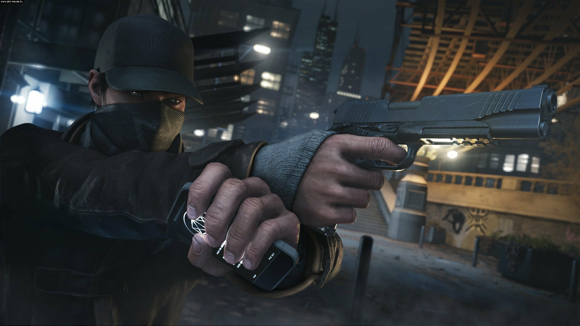 Aiden Pearce, the protagonist from the video game Watch Dogs, holds a handgun in a dimly lit urban setting, showcasing a tense moment of action.