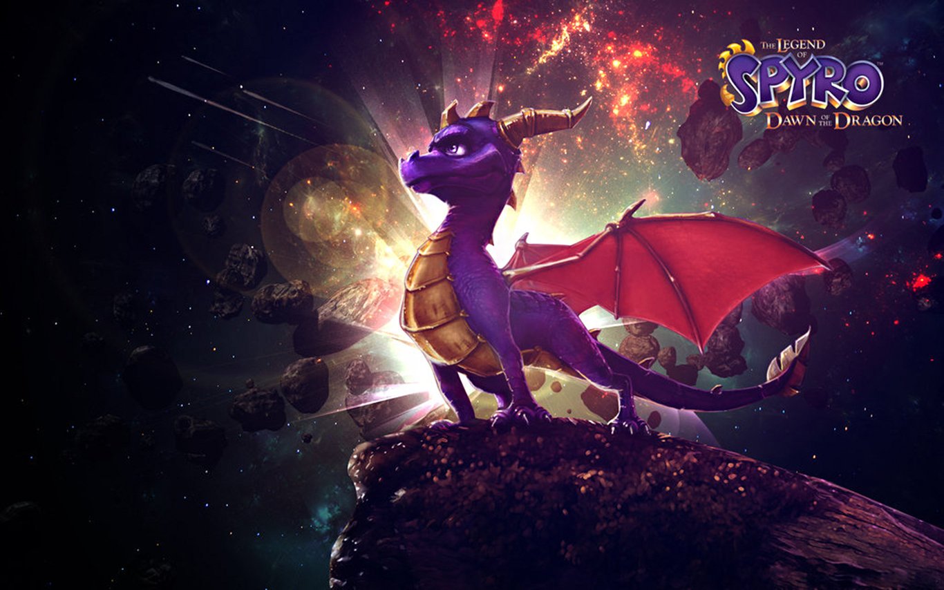 Purple dragon Spyro from the video game The Legend of Spyro: Dawn of the Dragon stands on a rocky outcrop against a cosmic, fiery backdrop.