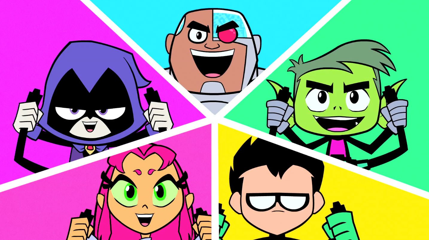 Illustration featuring characters from Teen Titans Go! including Garfield Logan (Beast Boy), Dick Grayson (Robin), Starfire, Cyborg, and Raven, with vibrant backgrounds and playful expressions.