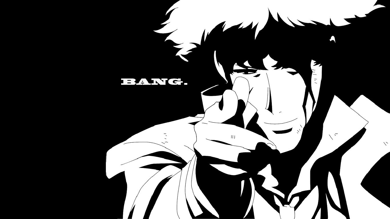 Black and white anime-style image of Spike Spiegel from Cowboy Bebop pointing his finger like a gun with the word BANG. beside him.