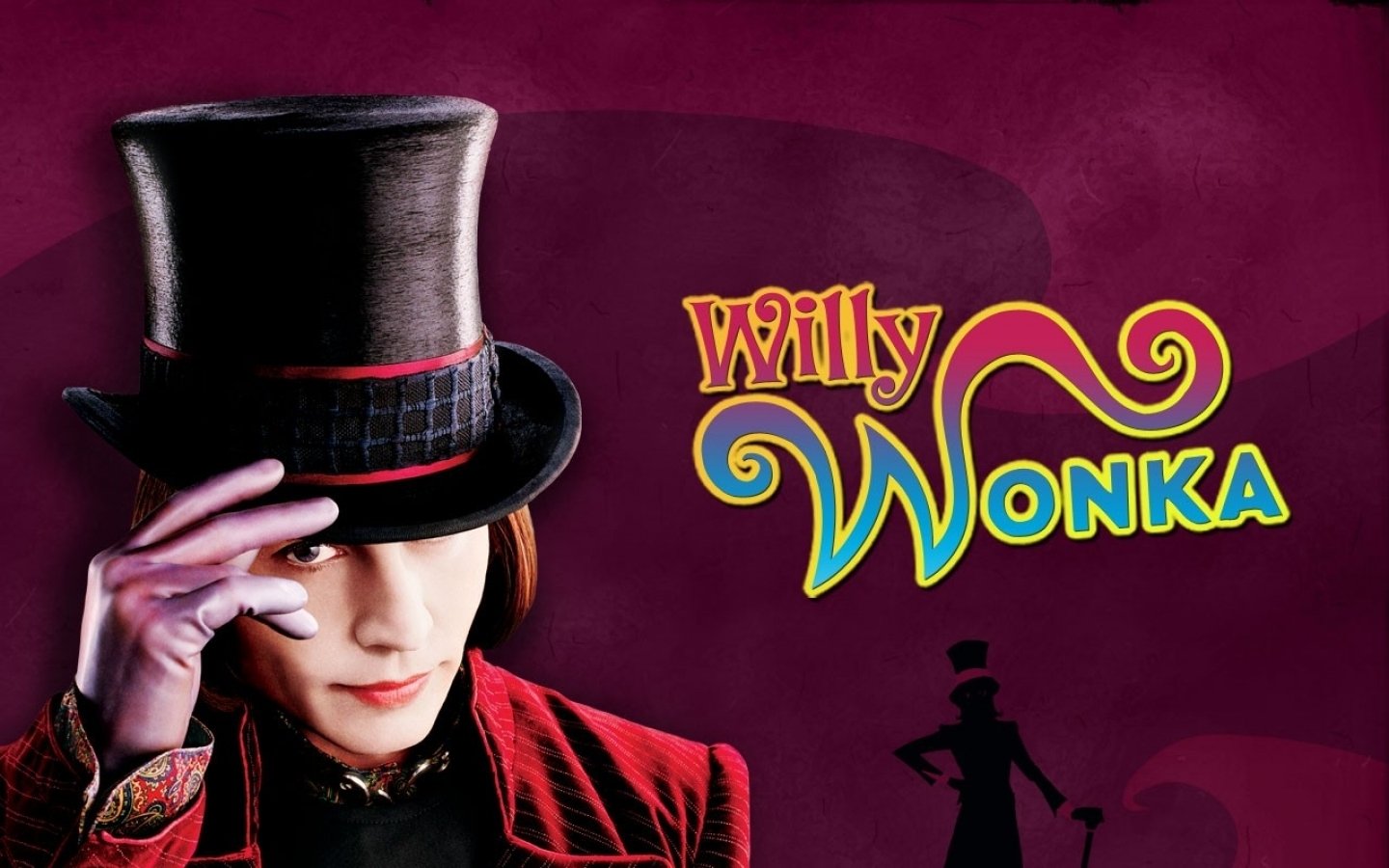Johnny Depp as Willy Wonka in the movie Charlie and the Chocolate Factory, wearing a tall black top hat and velvet red jacket against a purple background.