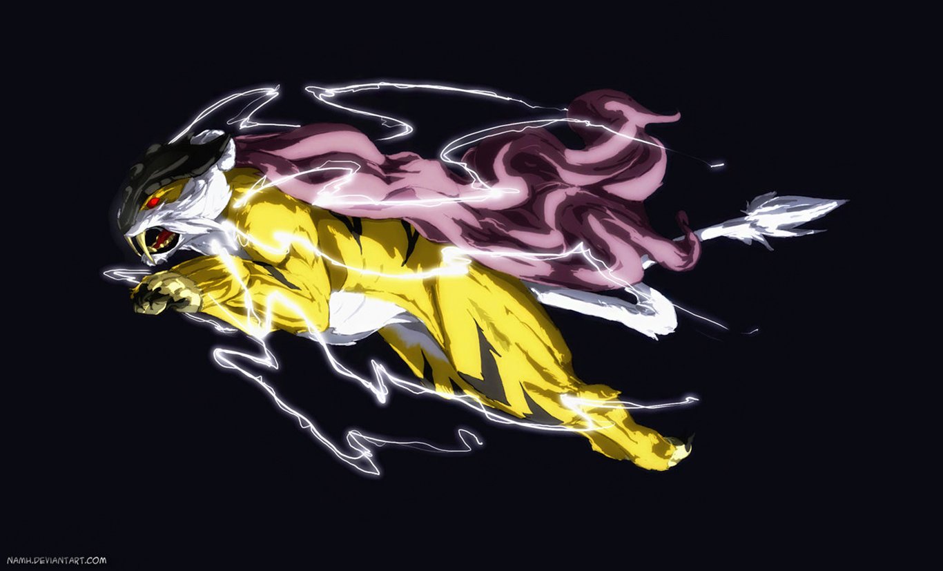 A dynamic illustration of Raikou, the Electric-type Pokémon, showcasing its fierce expression and flowing mane, captured in vibrant yellow and purple against a dark background.