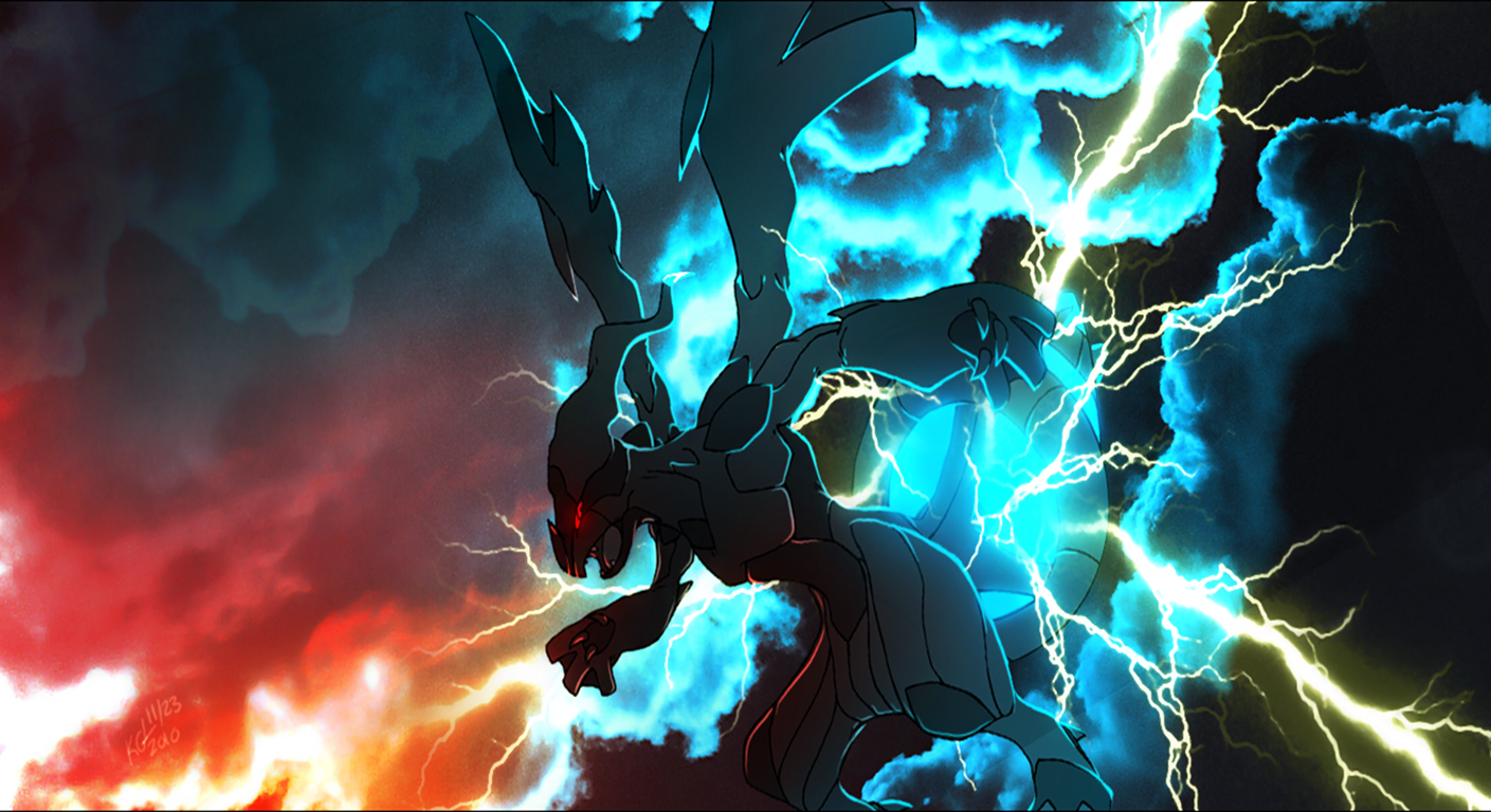 Zekrom, the Electric-type Pokémon, is depicted soaring through a stormy sky, surrounded by vibrant blue and red lightning, in a dynamic anime style.