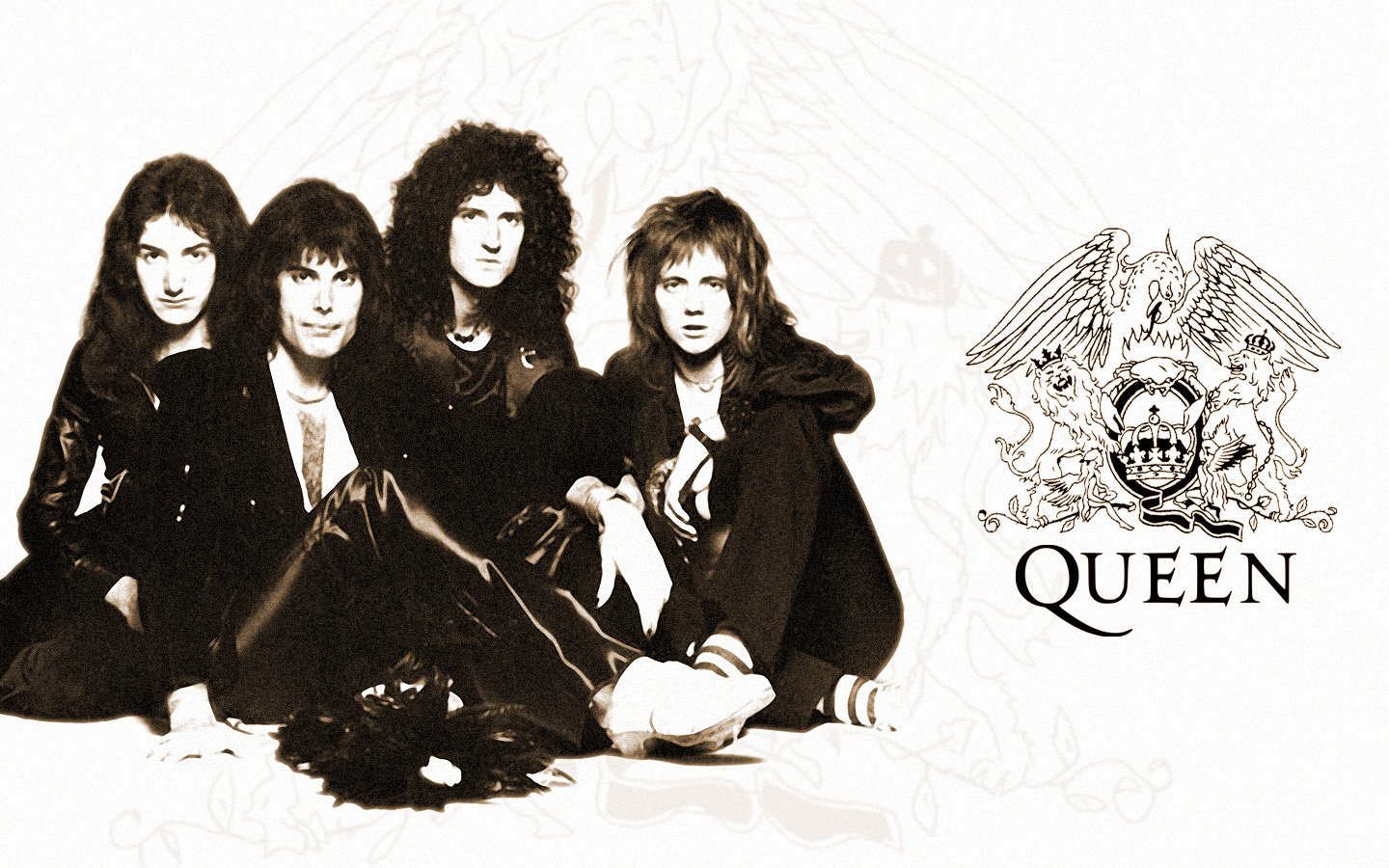 A black-and-white photo of the rock band Queen, featuring the four members seated together, with the band's logo displayed prominently on the right.