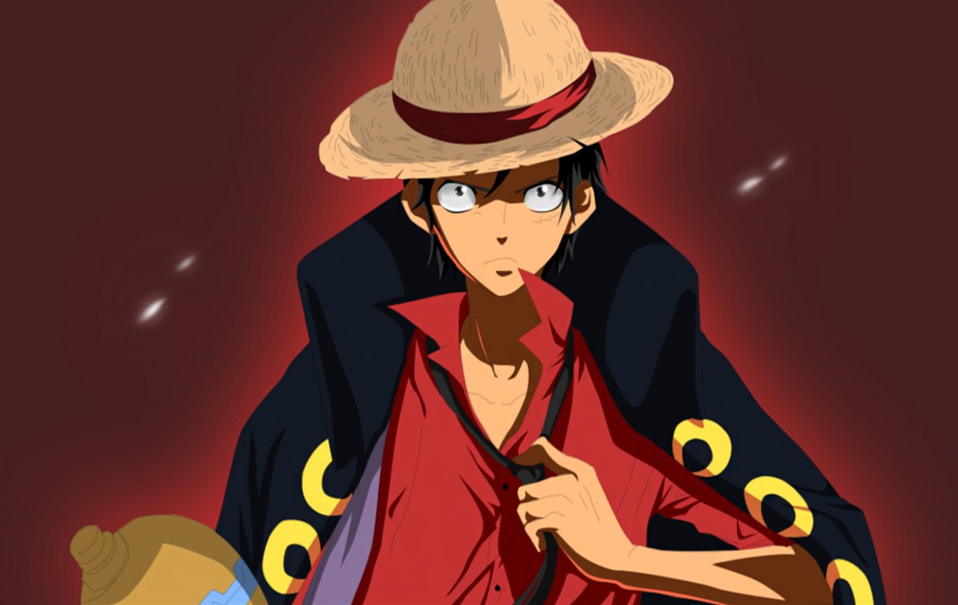 Monkey D. Luffy from the anime One Piece stands confidently, wearing his iconic straw hat and a colorful outfit, ready for adventure against a dramatic background.