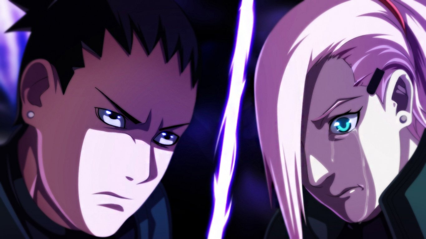 Close-up of Naruto anime characters Shikamaru Nara and Ino Yamanaka facing each other with intense expressions, separated by a glowing white line.
