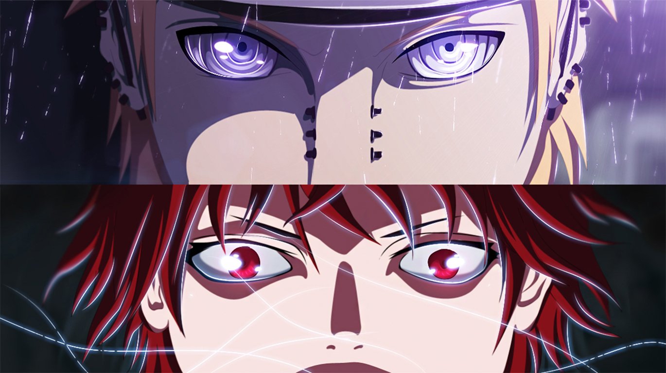 Close-up of Yahiko and Sasori from Naruto, featuring Pain above, both characters intense and emotional against a dark, rainy backdrop. Captures the essence of the anime's dramatic moments.