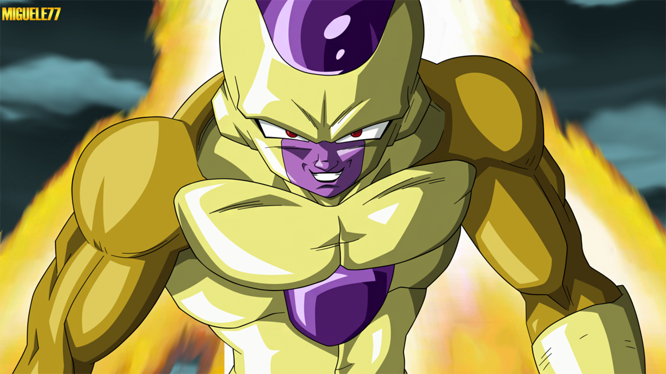 Frieza from Dragon Ball Z, featuring his iconic golden form. The background showcases dynamic flames, emphasizing his menacing presence from Dragon Ball Z: Resurrection of F.