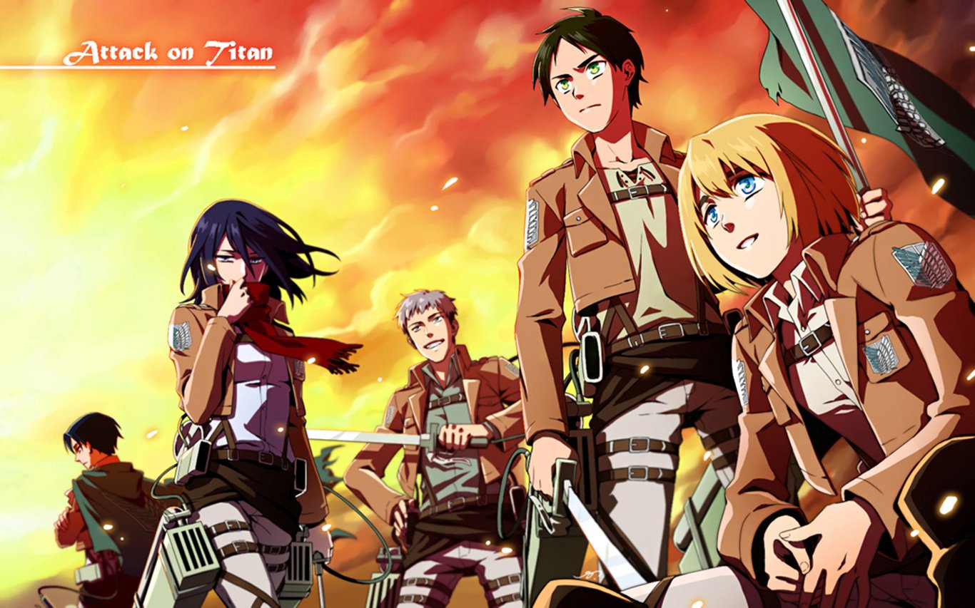 A dynamic scene from Attack on Titan featuring Jean Kirstein, Levi Ackerman, Mikasa Ackerman, Eren Yeager, and Armin Arlert, posing dramatically against a fiery backdrop.