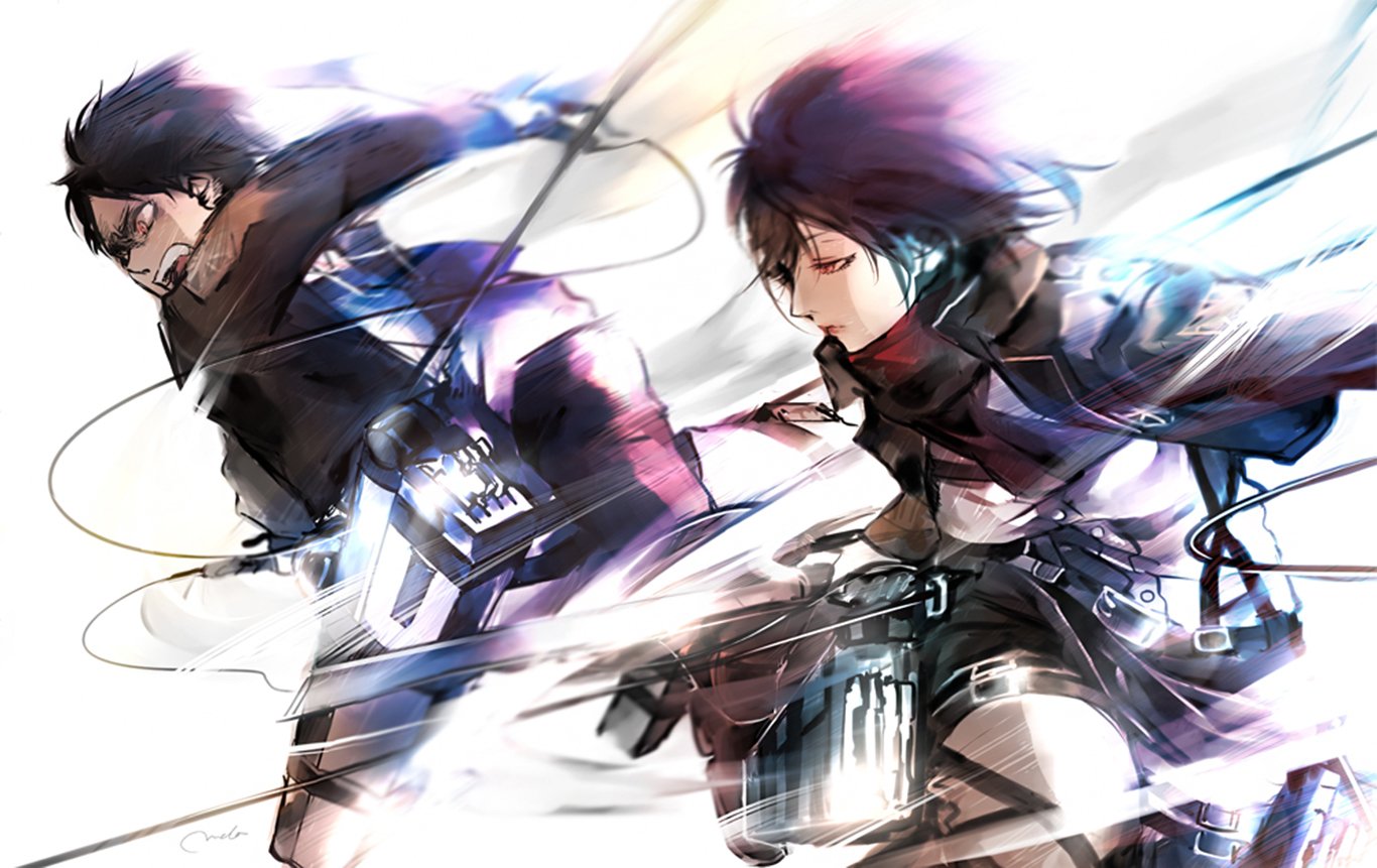 Mikasa Ackerman and Eren Yeager from the anime Attack on Titan are depicted in dynamic action, showcasing their iconic gear and intense expressions in a vibrant art style.