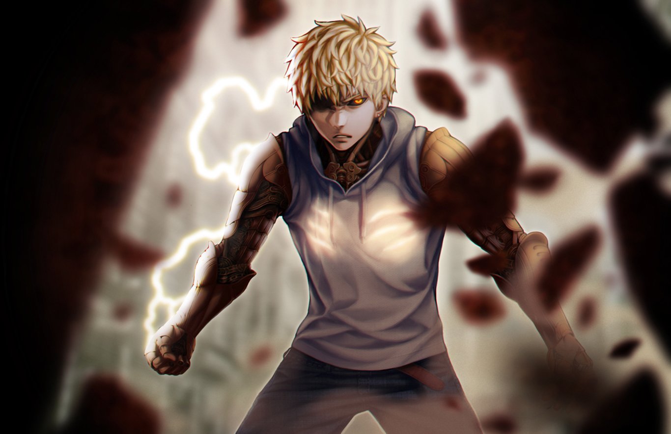 Genos from One-Punch Man stands ready for battle, electricity sparking around him, showcasing his cybernetic enhancements and intense focus in this dynamic anime scene.