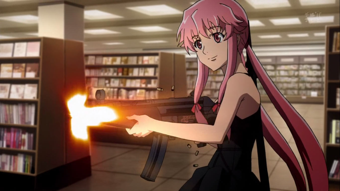 Yuno Gasai from the anime *Mirai Nikki* is shown in a library, confidently firing an assault rifle, her pink hair contrasting with her black dress.
