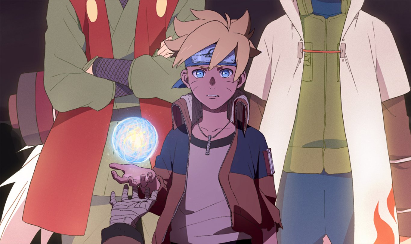 Three characters from the Naruto universe stand together: Minato Namikaze, Jiraiya, and Naruto Uzumaki, with Boruto Uzumaki in the foreground, showcasing his potential and a glowing orb.