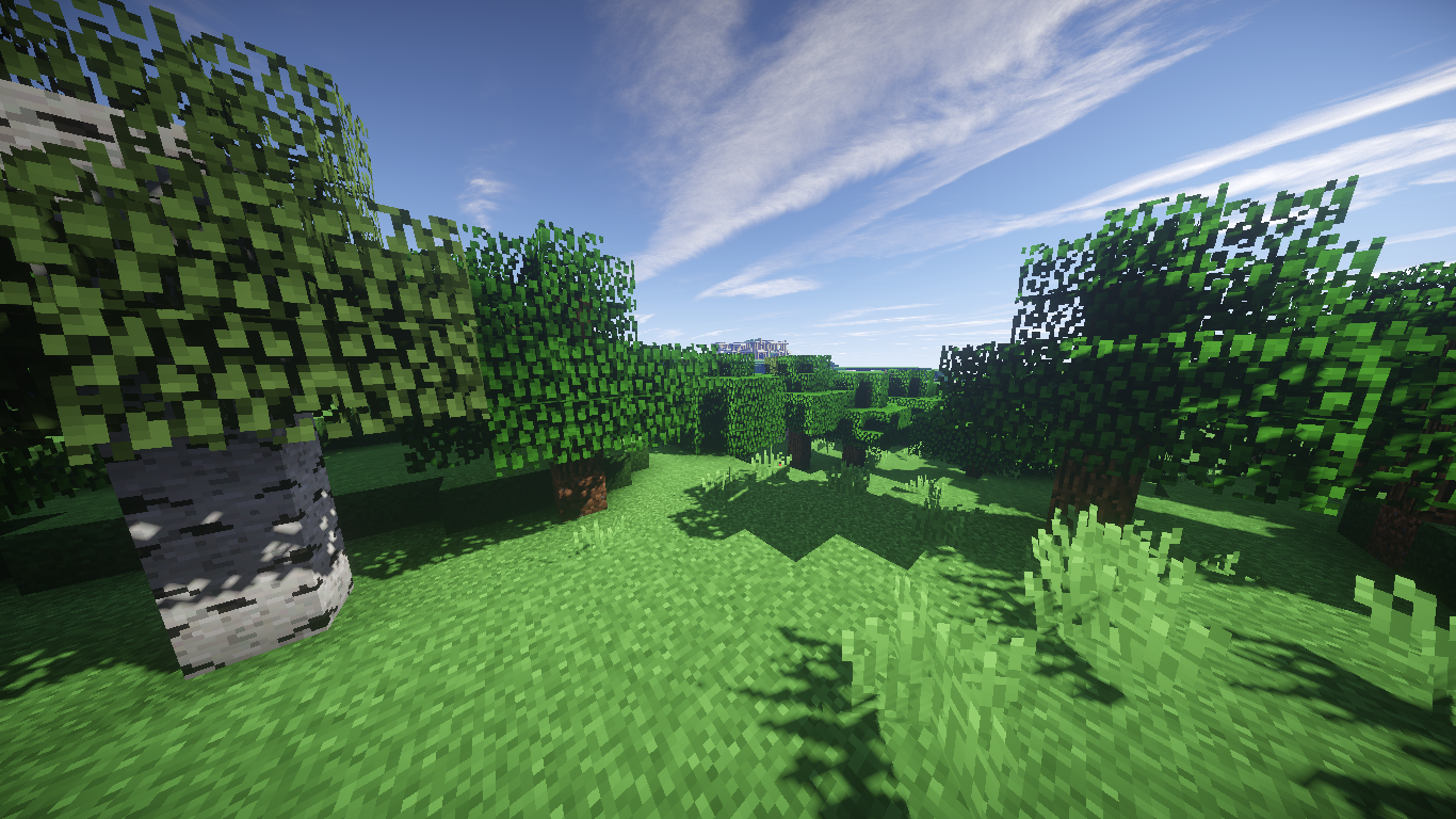 A vibrant Minecraft landscape features lush greenery, various trees, and a clear blue sky, creating an inviting scene for exploration and adventure in the game.