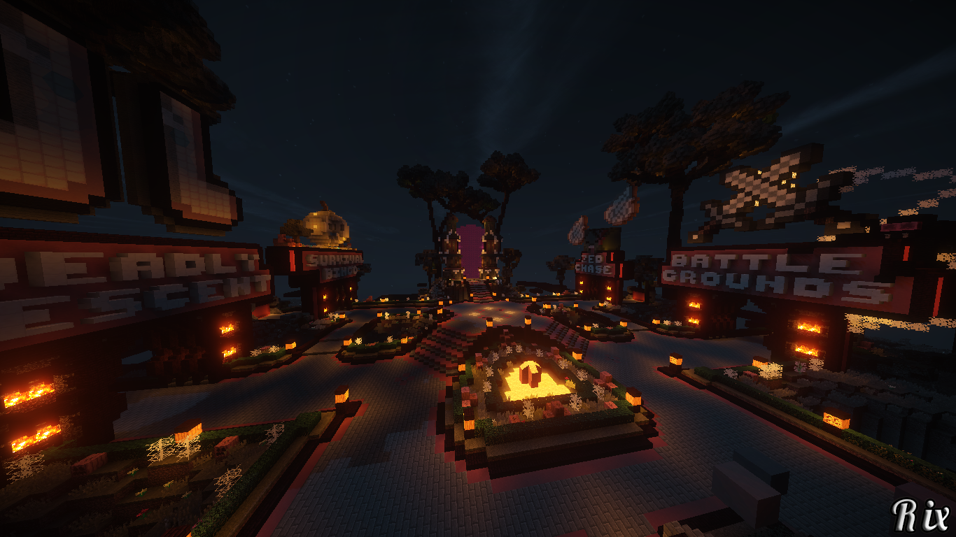 A vibrant Minecraft Halloween scene featuring glowing pathways and themed areas labeled Deadly Descent and Battle Grounds, illuminated by fiery accents and surrounded by dark trees.