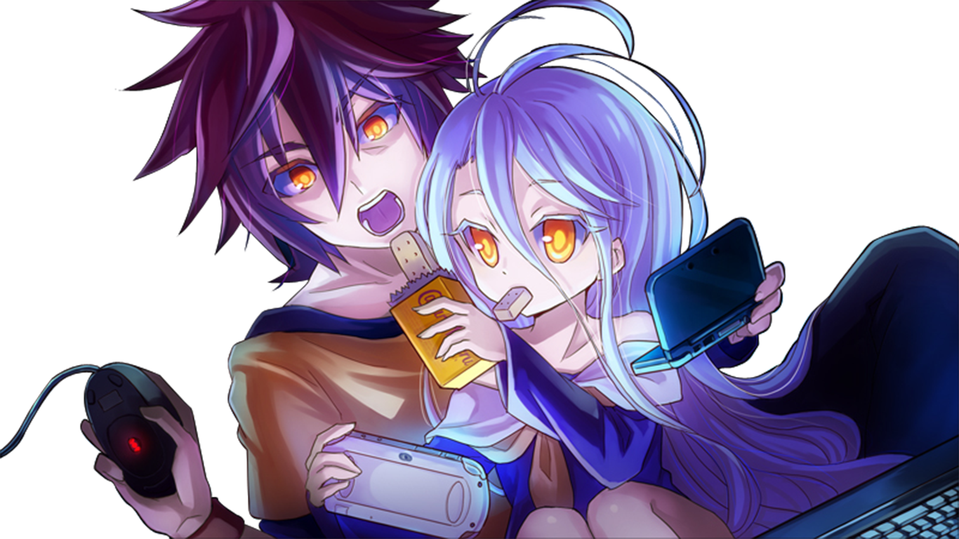Shiro and Sora from No Game No Life are gaming together, joyfully sharing snacks and devices, capturing a fun moment in this vibrant anime scene.