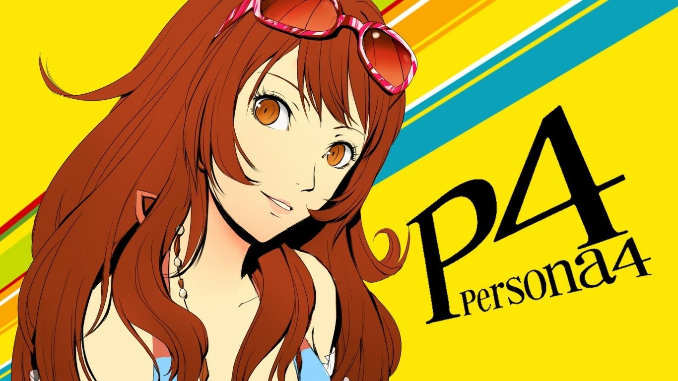 Illustration of a red-haired female character from the video game Persona 4 with sunglasses on her head, set against a bright yellow background with blue accents.