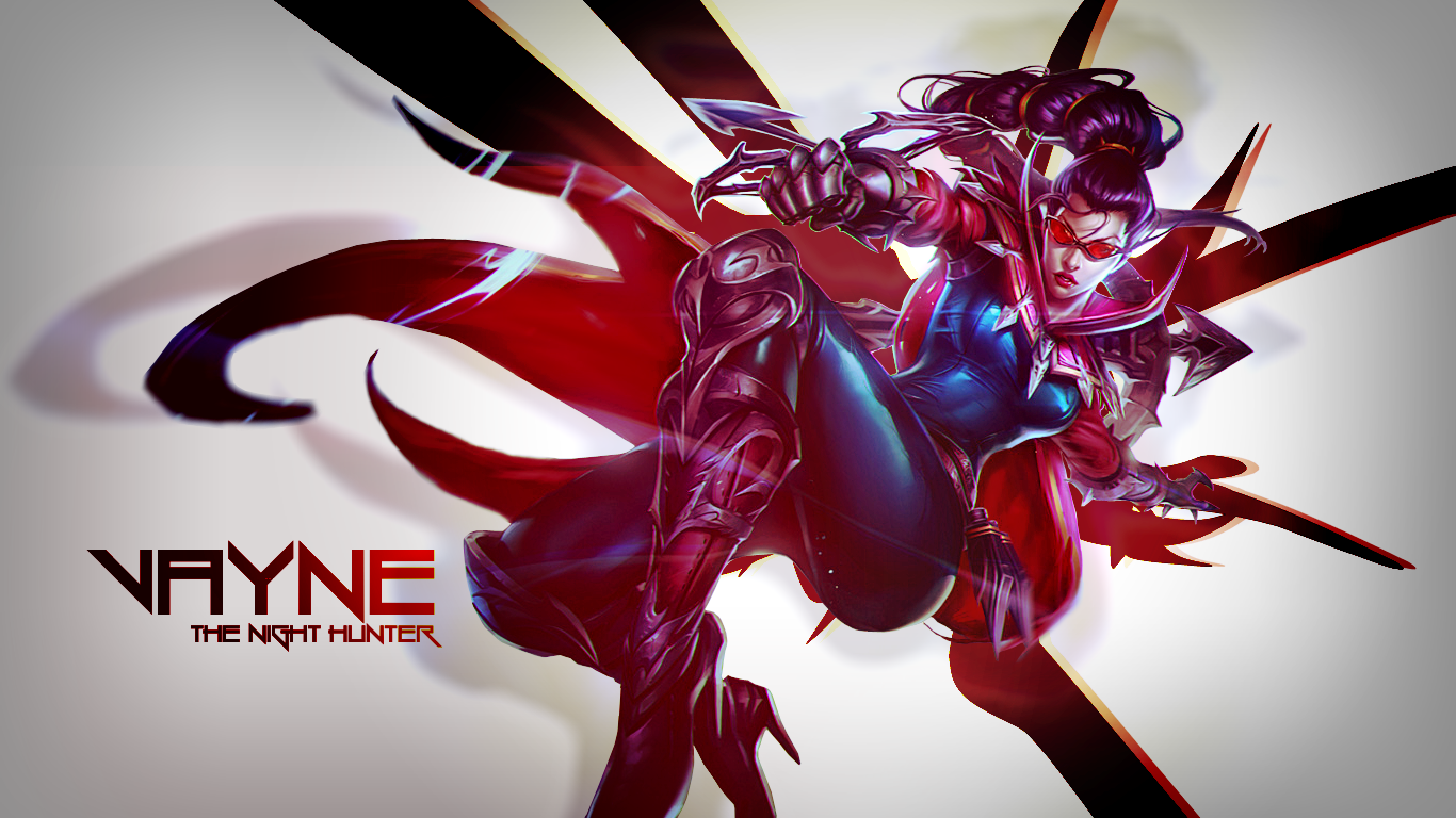 Vayne from League of Legends in dynamic pose, clad in dark armor with glowing red accents, set against a sharp, abstract background.