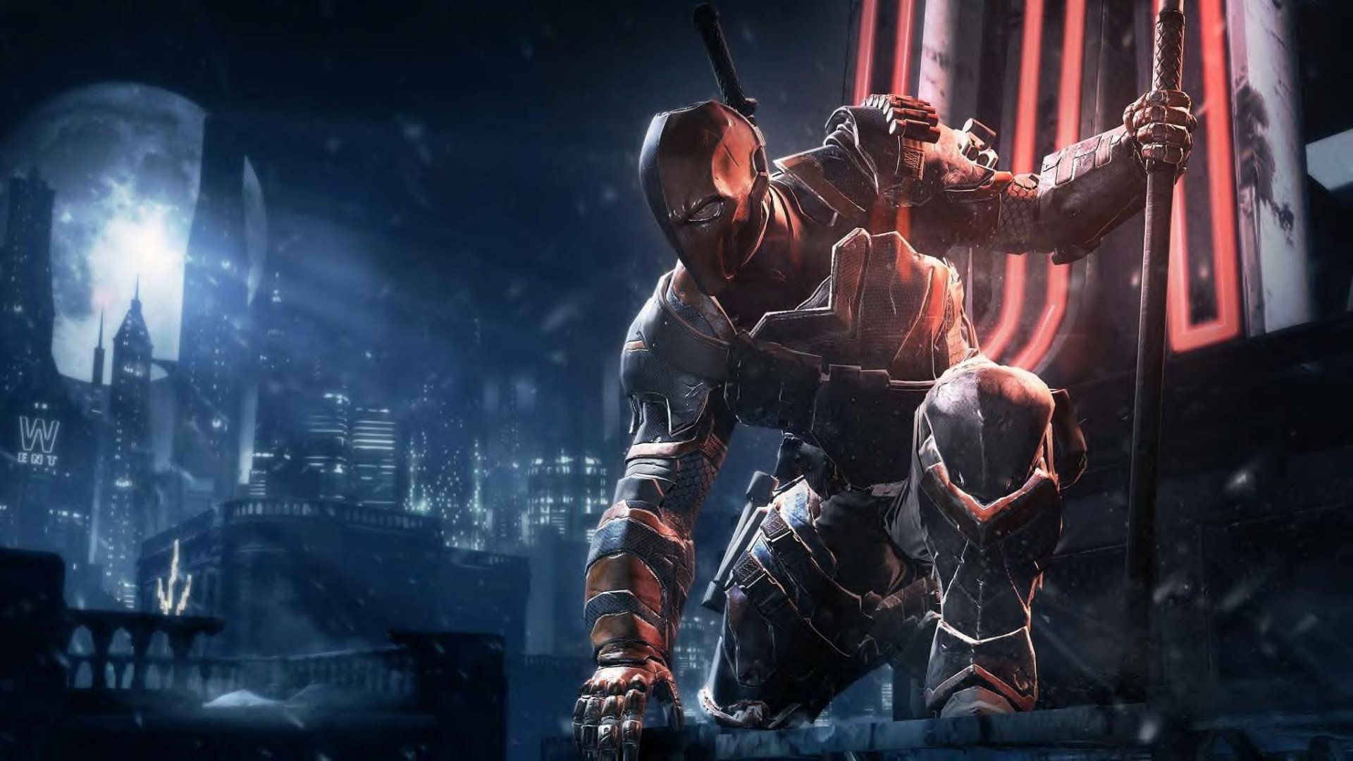 A dark, atmospheric scene from the video game Batman: Arkham Origins features a masked character perched on a rooftop against a city skyline at night.