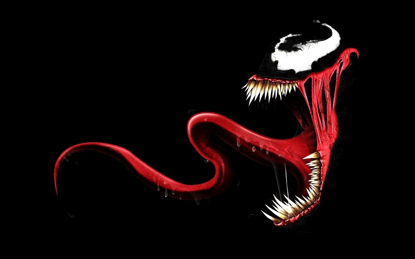 A dynamic illustration of Venom from the comic series, showcasing his menacing face, sharp teeth, and iconic black and red colors against a stark black background.
