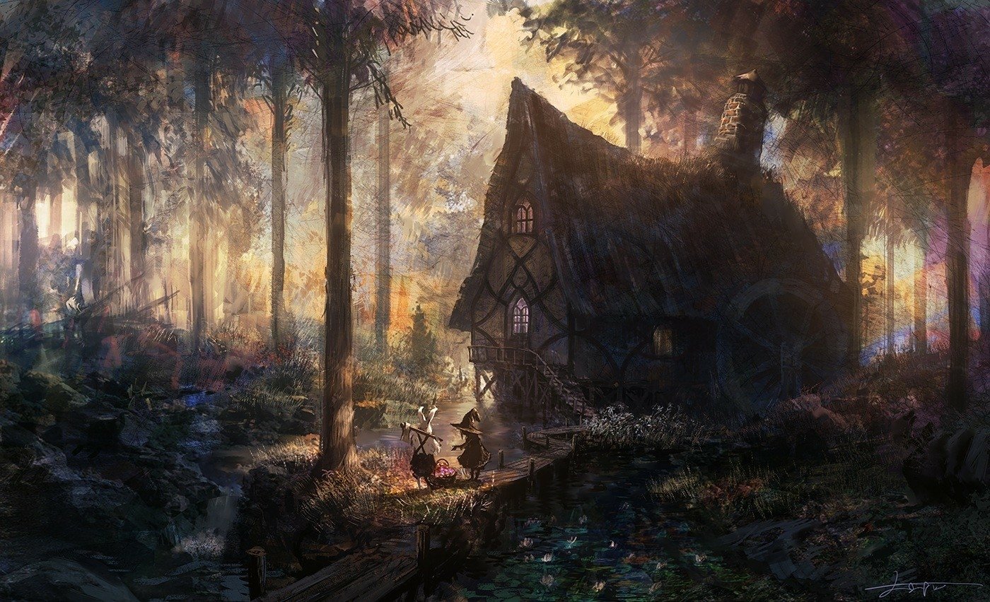 A fantasy house nestled among tall trees, softly illuminated by warm, magical light filtering through the forest in a serene, enchanted setting.