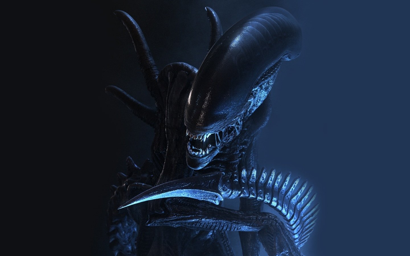A dark, menacing sci-fi alien with an elongated head, sharp teeth, and biomechanical features emerges from the shadows.