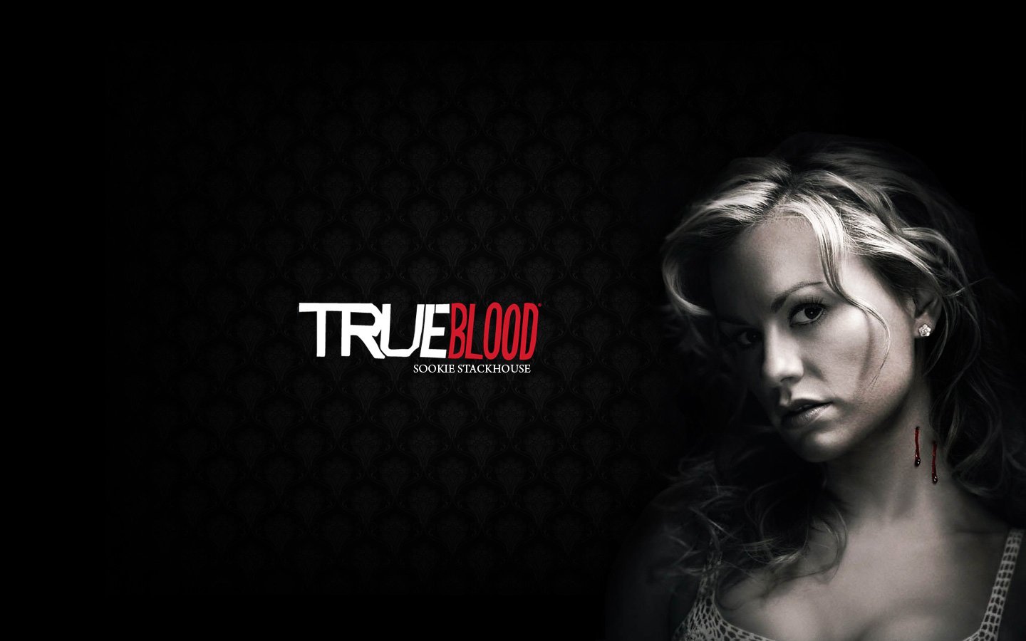 I can’t identify the person in the image. Alt: Promotional True Blood image: dark patterned background with the show's logo and a shadowed blonde woman with pale skin and a small neck wound.