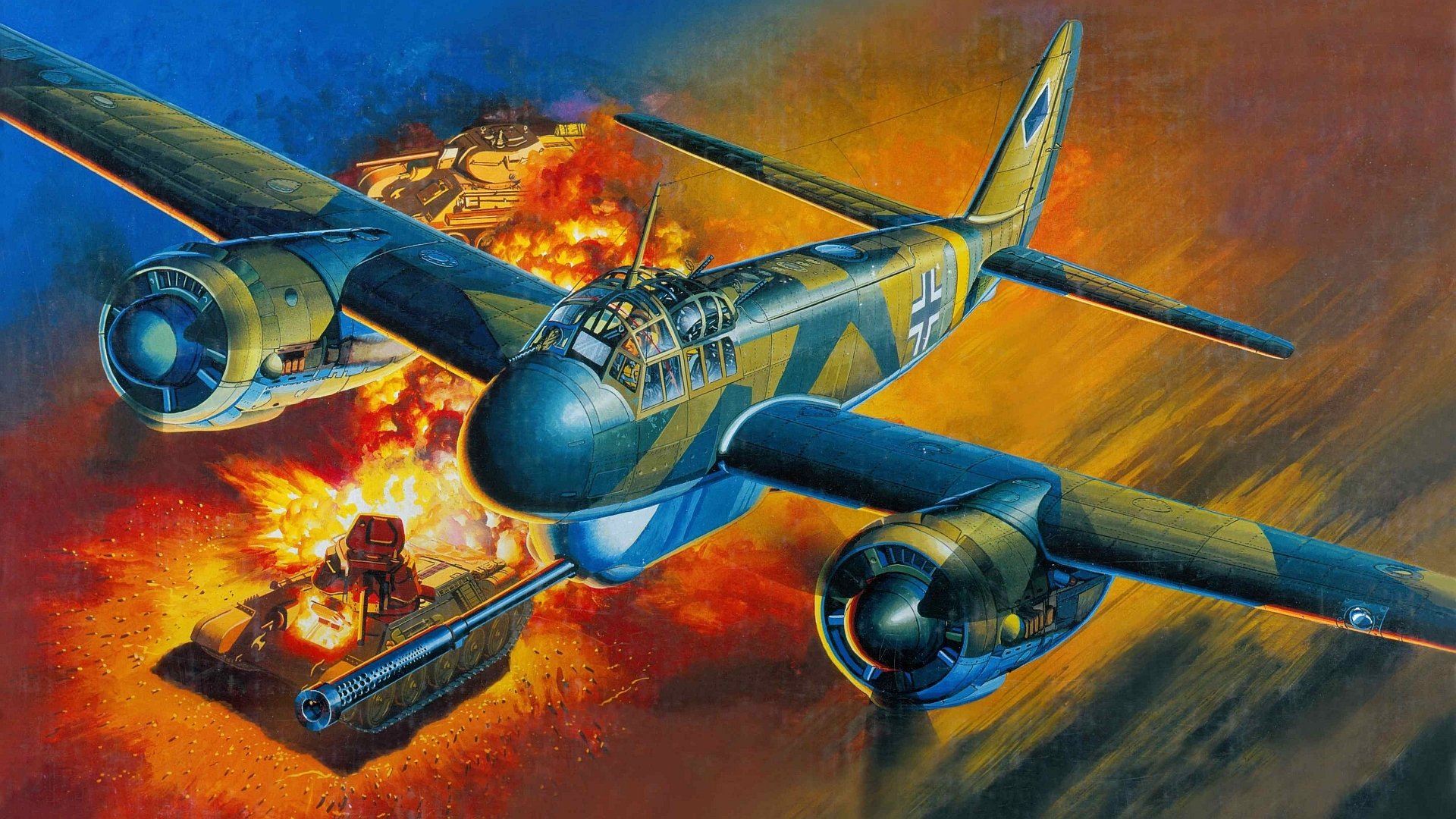 A military aircraft flies over a burning battlefield with tanks engulfed in flames during an intense combat scene.