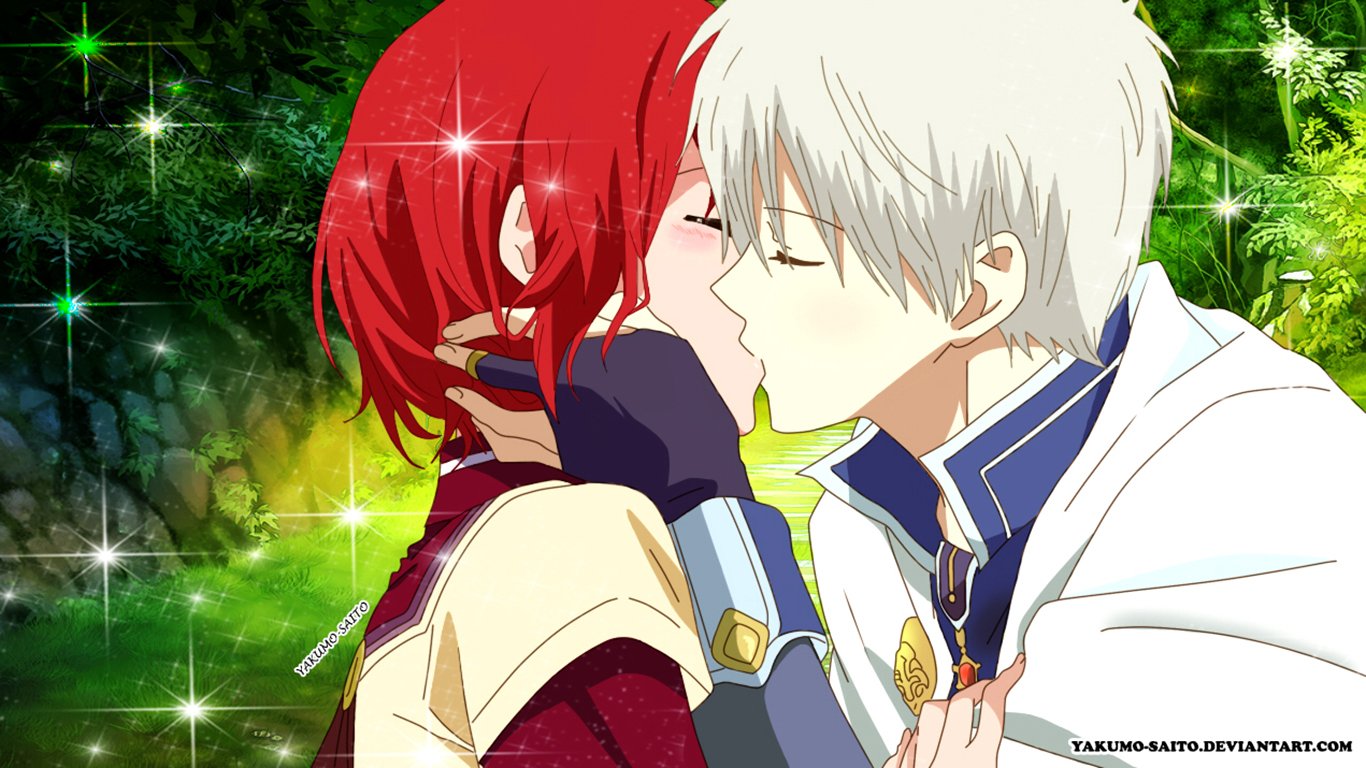A romantic scene from the anime Snow White with the Red Hair, featuring Shirayuki and Zen Wistalia Clarines sharing a kiss in a lush, sparkling setting.