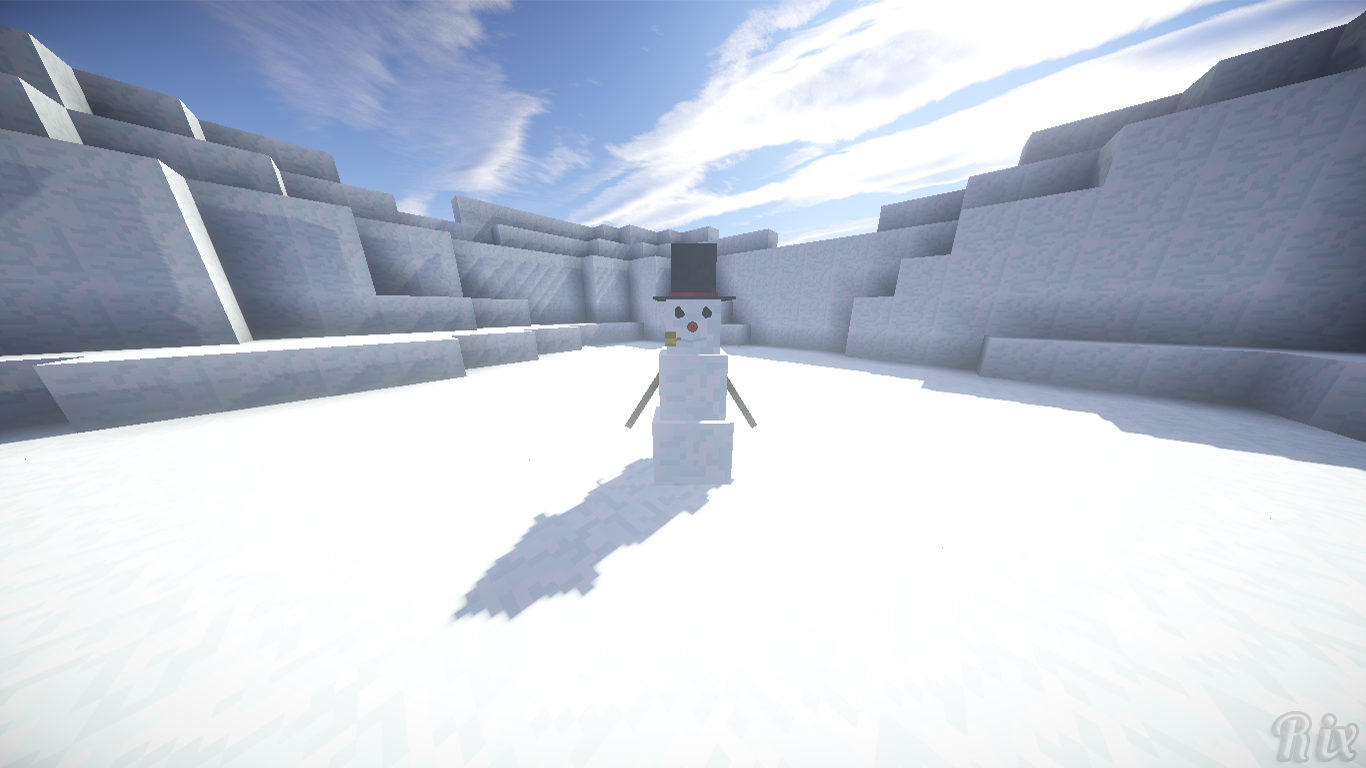 A snowman stands in a snowy landscape in Minecraft, surrounded by glistening ice formations under a bright blue sky.