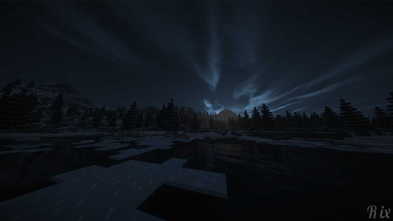 A serene Minecraft landscape featuring a snowy mountain scene under a night sky, with reflective waters and distant peaks illuminated by soft clouds.