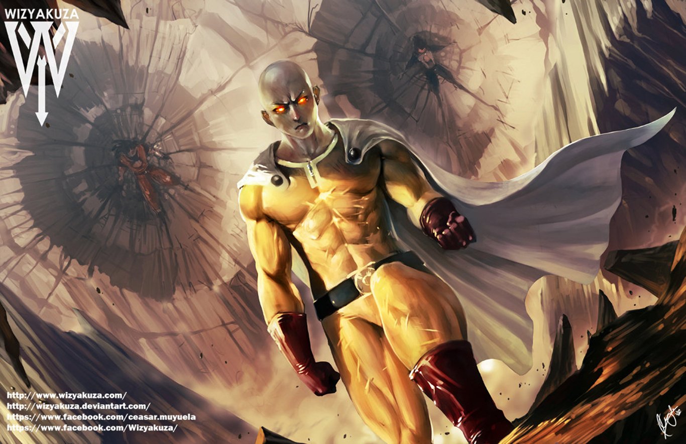 A dynamic crossover artwork featuring Saitama from One-Punch Man and iconic characters Goku and Vegeta from Dragon Ball Z, set against a dramatic, rocky landscape.