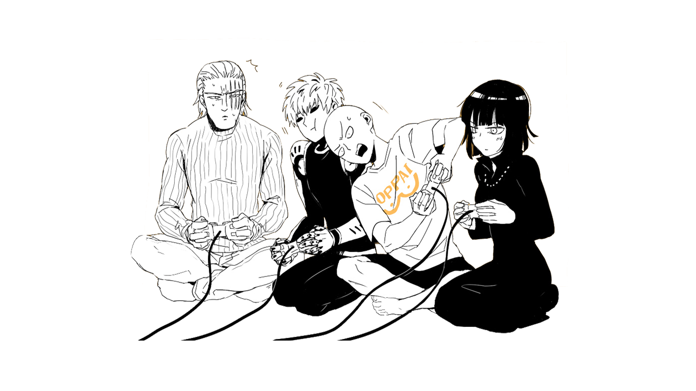 Four characters from One-Punch Man—Fubuki, Saitama, Genos, and King—sit together, engaged in an activity, showcasing their camaraderie in this anime scene.