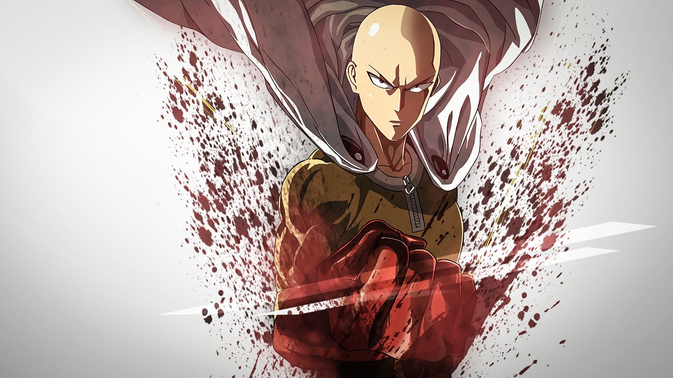 Saitama from One-Punch Man stands fiercely, his bald head and intense expression contrasting with dynamic splashes of color, embodying the essence of this iconic anime character.