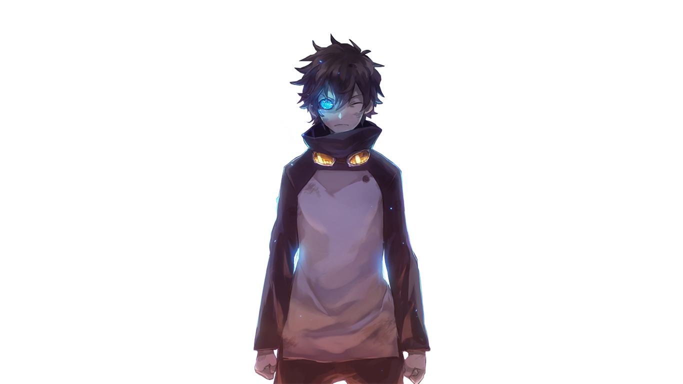 A stylized depiction of Leonardo Watch from the anime Blood Blockade Battlefront, showcasing his unique features, including glowing eyes and a dark hoodie.
