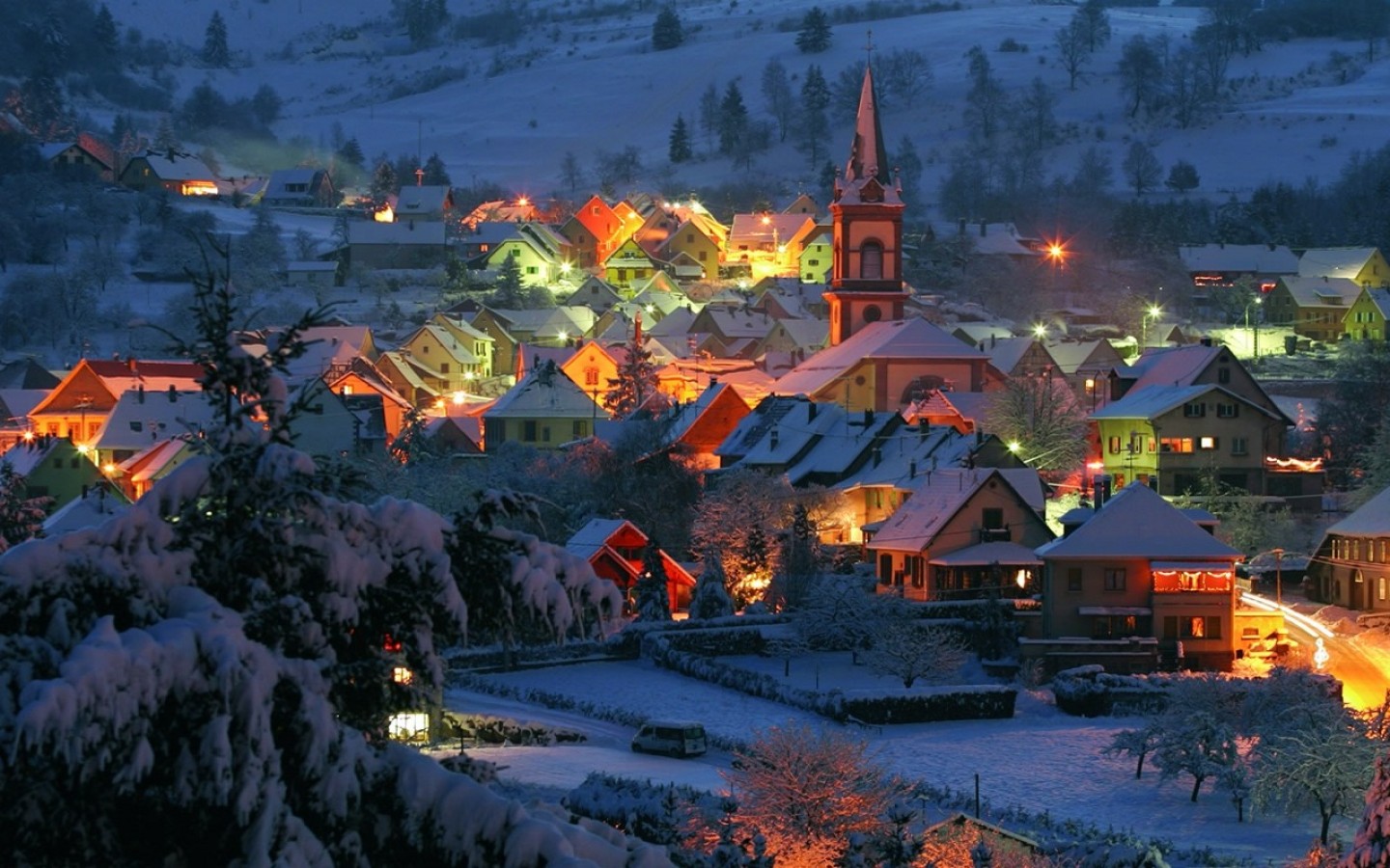 Lighted Village on a Winter Evening