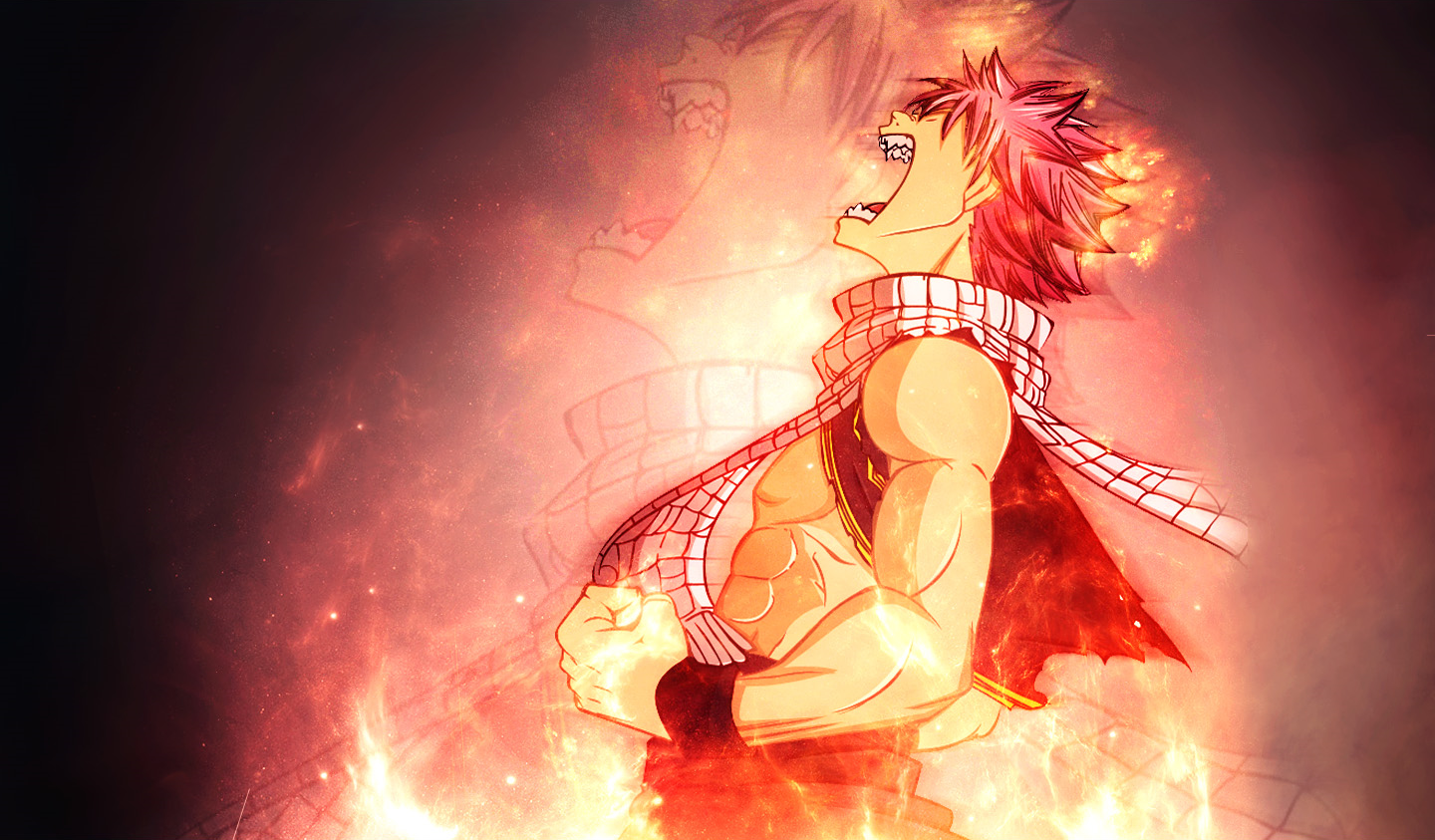Natsu Dragneel from Fairy Tail unleashes his magical flames, showcasing his pink hair and scarf with an expression of determination amidst fiery bursts.