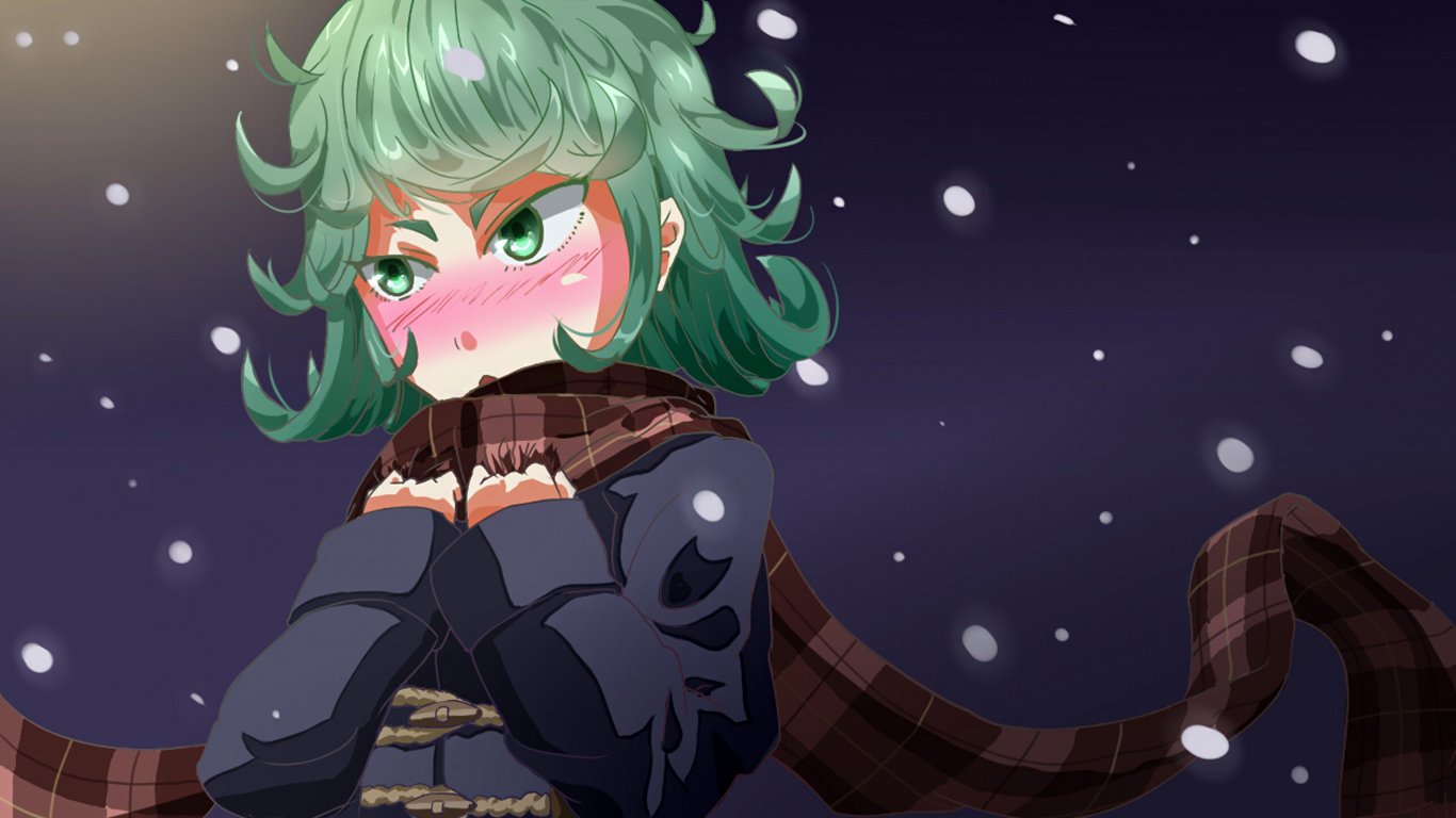 Tatsumaki from One-Punch Man blushes warmly, wrapped in a scarf against a snowy night sky in this anime-style illustration.