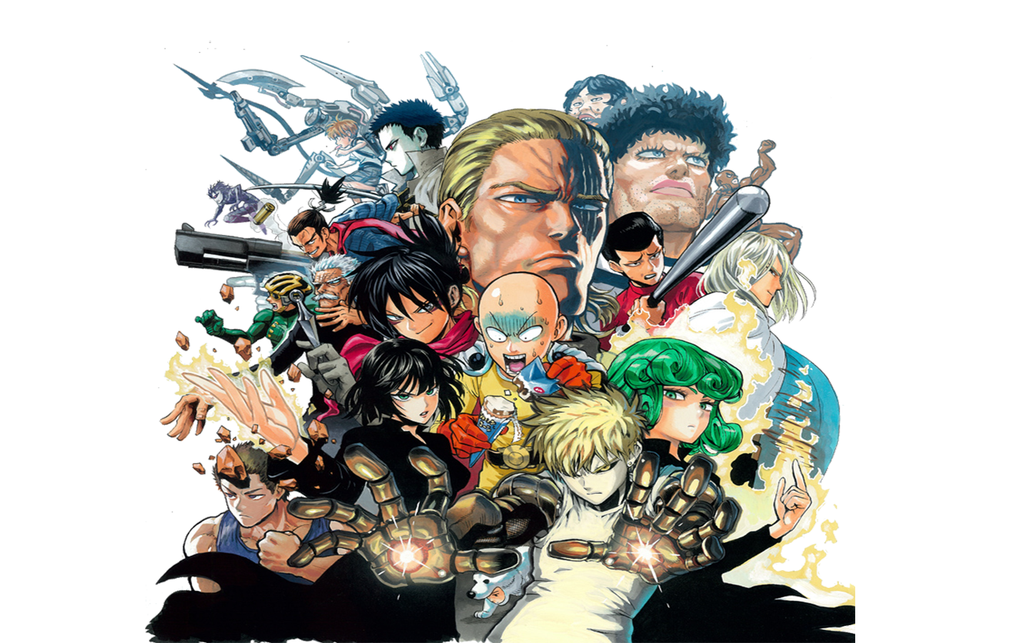 A vibrant collage of characters from the anime One-Punch Man, showcasing heroes and villains in dynamic poses, highlighting their unique abilities and distinct styles.