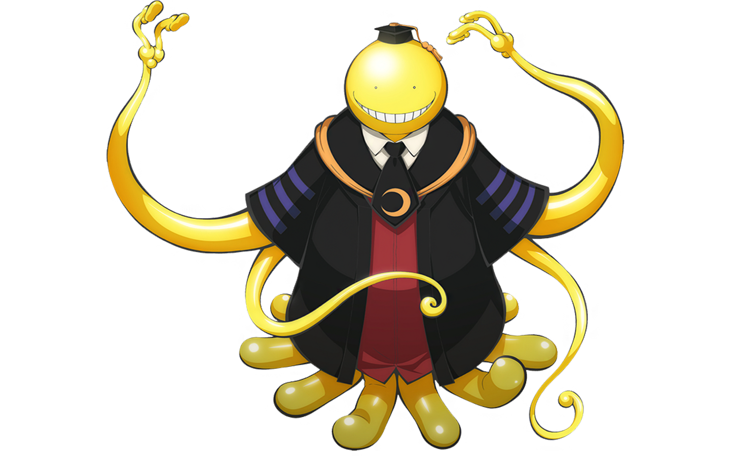 Koro-sensei, a character from the anime *Assassination Classroom*, is depicted as a cheerful yellow octopus with multiple tentacles, dressed in a suit and tie.