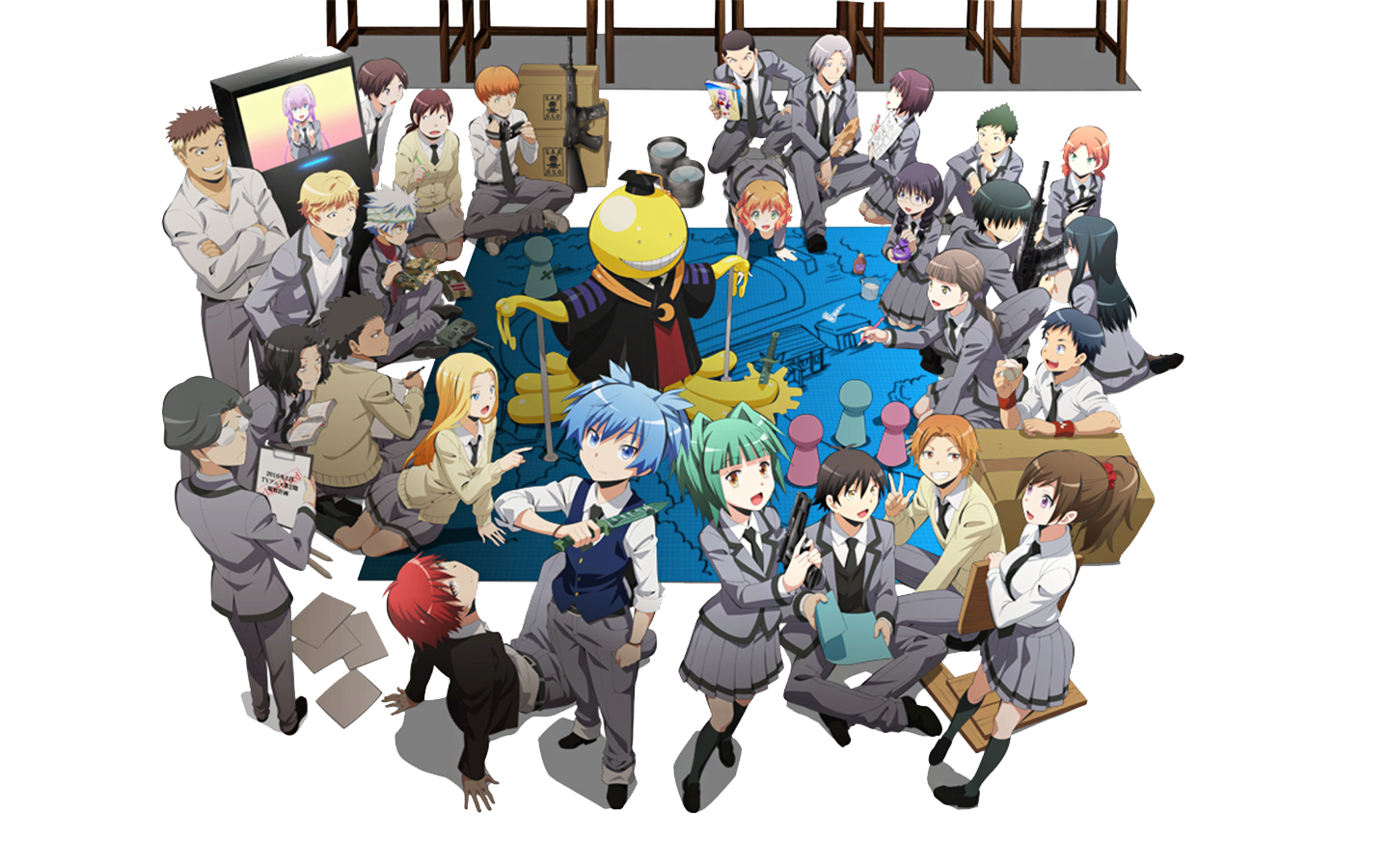 A vibrant scene from the anime Assassination Classroom, featuring a group of students interacting with their character, Koro-sensei, in a classroom setting.