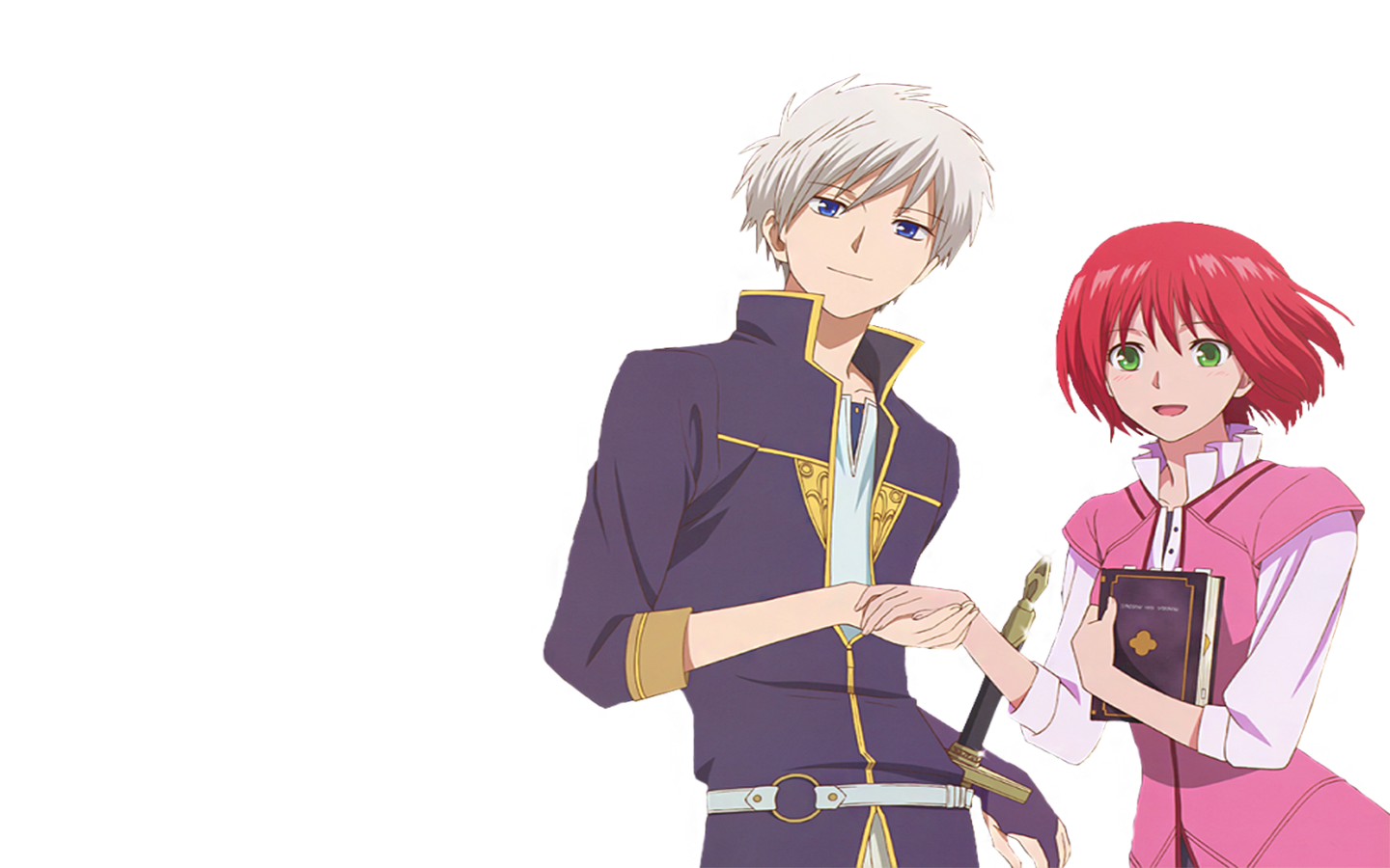 Zen Wistalia Clarines and Shirayuki from the anime Snow White with the Red Hair share a warm moment, showcasing their bond and adventure in a colorful scene.