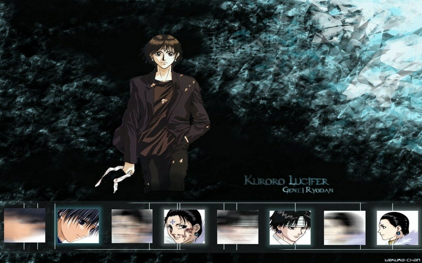 Chrollo Lucilfer stands confidently in a dark environment, showcasing his character from the anime Hunter x Hunter, with a subtle array of expressions in the background.
